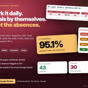 May include: A digital attendance tracker template for Excel and Google Sheets featuring a dark red grid background. The interface displays data fields for student attendance, chronic absence flagging, and monthly summaries with text including Mark it daily, Totals by themselves, Spot the absences, and Students to watch.