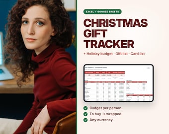 May include: A digital Christmas Gift Tracker spreadsheet template for Excel and Google Sheets. The interface displays a holiday budget, gift list, and card list with columns for budget, spent, left, and status. Text includes Christmas Gift Tracker, Holiday budget, Gift list, Card list, Budget per person, To buy, wrapped, Any currency, and Instant download.