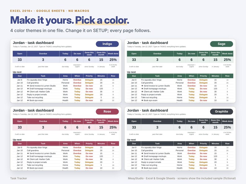 May include: A digital task dashboard template for Excel and Google Sheets titled Jordan task dashboard. It features four color themes: indigo, sage, rose, and graphite. Each section displays task metrics, status counts, and a list of upcoming items with due dates, task descriptions, areas, priorities, and time estimates.