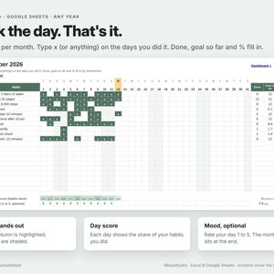 May include: A digital habit tracker spreadsheet for Excel and Google Sheets titled Mark the day. That's it. The interface displays an October 2026 calendar grid with rows for habits, columns for days, and automated progress tracking columns.