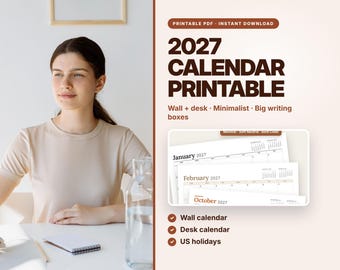 2027 Printable Calendar, Minimalist Wall & Desk Planner (PDF Download)