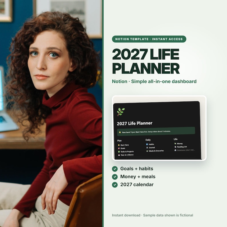 2027 Life Planner Notion Template, Simple All-in-One Dashboard (Digital Download) image 1