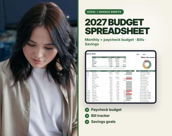 2027 Budget Spreadsheet, Monthly and Paycheck Budget Planner with Bill Tracker (Excel & Google Sheets)