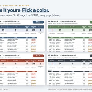 May include: A digital home maintenance tracker spreadsheet template for Excel and Google Sheets. The interface displays four color themes: slate, sage, brick, and graphite. Each section lists tasks, due dates, and status updates for 12 Maple St.