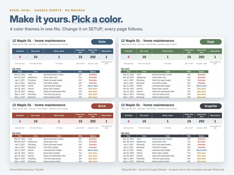 May include: A digital home maintenance tracker spreadsheet template for Excel and Google Sheets. The interface displays four color themes: slate, sage, brick, and graphite. Each section lists tasks, due dates, and status updates for 12 Maple St.