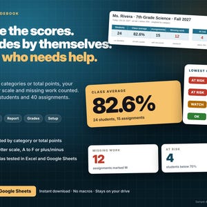 May include: A digital gradebook interface for Excel and Google Sheets featuring the text Type the scores. Grades by themselves. See who needs help. It displays class averages, student performance metrics, missing work counts, and status indicators for 24 students and 15 assignments.
