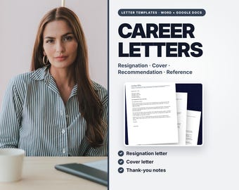 May include: A digital product listing for career letter templates compatible with Word and Google Docs. The text reads CAREER LETTERS, Resignation, Cover, Recommendation, Reference, and includes a preview of a sample letter document.
