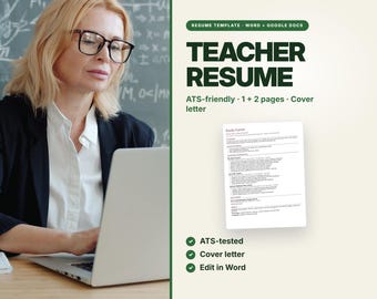 Plantilla de currículum para profesores compatible con sistemas ATS, editable en Word y Google Docs (tamaños Carta de EE. UU. y A4).
