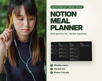 Plantilla de Notion para planificar comidas, crear listas de la compra automáticamente y organizar recetas (descarga digital).