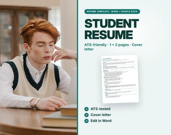 Plantilla de currículum vitae para estudiantes compatible con sistemas ATS, para recién graduados, con carta de presentación (descarga digital).