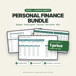 K&ouml;nnte beinhalten: Ein digitales Finanzpaket f&uuml;r Excel und Google Sheets mit Tabellen f&uuml;r Budget, Schuldenabbau, Ersparnisse, Nettoverm&ouml;gen und Rechnungen. Die Anzeige zeigt Finanztabellen, Diagramme und Datenverfolgung f&uuml;r Jordan & Sam mit einem gr&uuml;nen Hinweis auf 5 Tabellen.