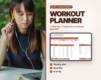 Planificador de entrenamiento y hoja de cálculo para el gimnasio, registro de sobrecarga progresiva (Excel y Google Sheets)