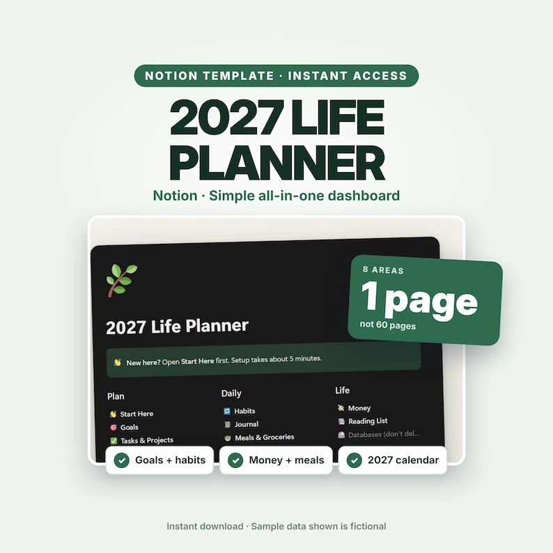 May include: A digital Notion template for a 2027 life planner featuring a dark dashboard with sections for plans, daily habits, and life management. The interface includes text labels like 2027 Life Planner, 8 Areas, 1 page, and various icons.