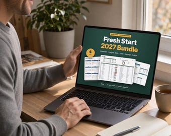 2027 Budget Planner Bundle, Fresh Start Calendar, Bill, Debt, Savings and Habit Tracker Spreadsheet