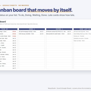 May include: A digital Kanban board template for Excel and Google Sheets titled A Kanban board that moves by itself. The interface features four columns labeled To Do, Doing, Waiting, and Done, displaying various tasks with status indicators.