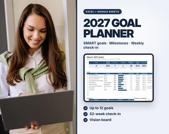 Planificador de objetivos para 2027 (hoja de cálculo), rastreador de objetivos SMART, tablero de visión en Excel y Google Sheets