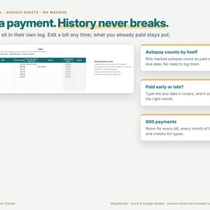 May include: A digital spreadsheet template for Excel and Google Sheets titled Log a payment. History never breaks. It features a payment log table, instructions for autopay, early or late payments, and a 600 payment capacity tracker.