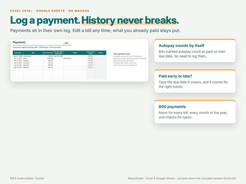 May include: A digital spreadsheet template for Excel and Google Sheets titled Log a payment. History never breaks. It features a payment log table, instructions for autopay, early or late payments, and a 600 payment capacity tracker.