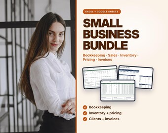 Paquete de hojas de cálculo para pequeñas empresas: contabilidad, seguimiento de ventas, inventario, calculadora de precios, facturas (Excel y Google Sheets).
