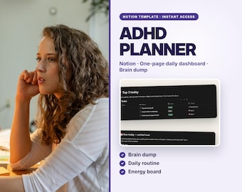 Planificador Notion apto para personas con TDAH, panel de control diario de una página, lista de ideas y seguimiento de rutinas (descarga digital)