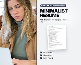 Plantilla de currículum minimalista compatible con sistemas ATS, CV de 1-2 páginas, carta de presentación (descarga digital)