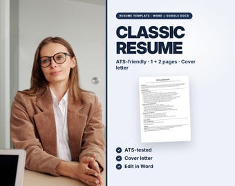 Plantilla de currículum clásico compatible con sistemas ATS, CV de 1-2 páginas, carta de presentación (descarga digital)