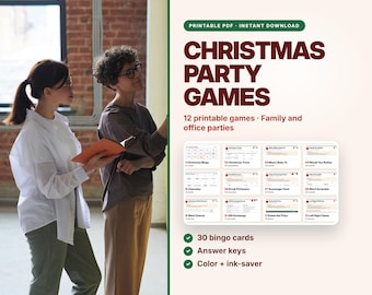 Paquete imprimible de juegos para fiestas navideñas, 12 juegos navideños para la familia y la oficina, bingo, preguntas y respuestas.