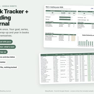 May include: A digital book tracker and reading journal spreadsheet for Excel and Google Sheets. The interface displays reading statistics, a library loan tracker, a top-rated books list, a monthly progress bar chart, and a detailed book log.