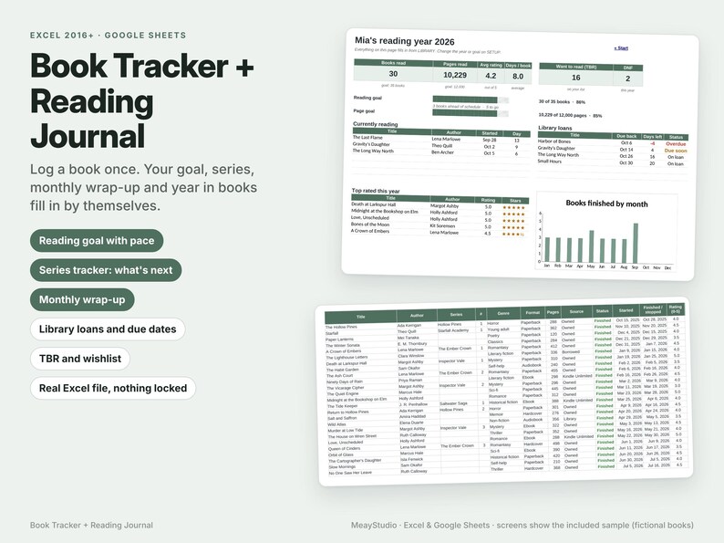 May include: A digital book tracker and reading journal spreadsheet for Excel and Google Sheets. The interface displays reading statistics, a library loan tracker, a top-rated books list, a monthly progress bar chart, and a detailed book log.