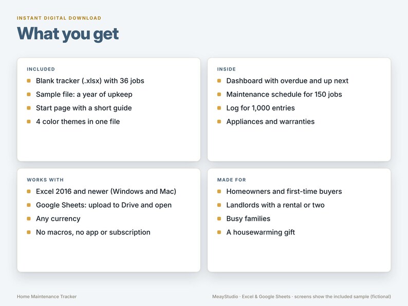 May include: A digital home maintenance tracker spreadsheet with four sections: Included, Inside, Works With, and Made For. It lists features like a blank tracker with 36 jobs, a dashboard, maintenance schedules, and compatibility with Excel and Google Sheets.
