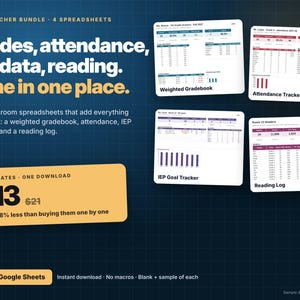 Pacchetto di fogli di calcolo per insegnanti, registro dei voti, strumento di monitoraggio delle presenze, strumento di monitoraggio degli obiettivi del Piano Educativo Individualizzato (PEI), registro di lettura (Excel e Fogli Google)