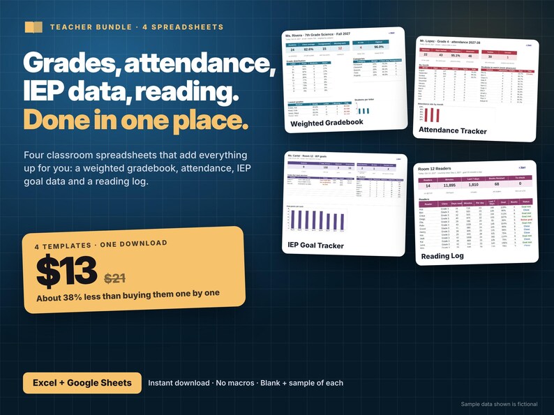 May include: A digital teacher bundle featuring four spreadsheets for grades, attendance, IEP data, and reading logs. The display includes previews of a weighted gradebook, attendance tracker, IEP goal tracker, and reading log on a dark blue grid.