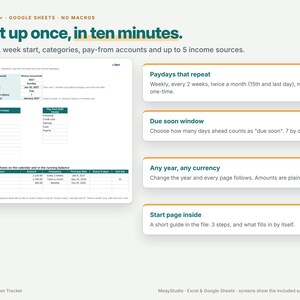 May include: A digital budget tracker template for Excel and Google Sheets titled Set it up once, in ten minutes. The interface displays setup fields for household income, categories, pay-from accounts, and income sources with a clean layout.