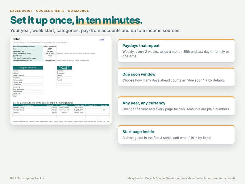 May include: A digital budget tracker template for Excel and Google Sheets titled Set it up once, in ten minutes. The interface displays setup fields for household income, categories, pay-from accounts, and income sources with a clean layout.