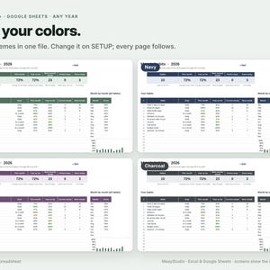 May include: A digital habit tracker spreadsheet for Excel and Google Sheets featuring four color themes: sage, navy, plum, and charcoal. The interface displays habit progress, monthly goals, and statistics with the text Pick your colors.