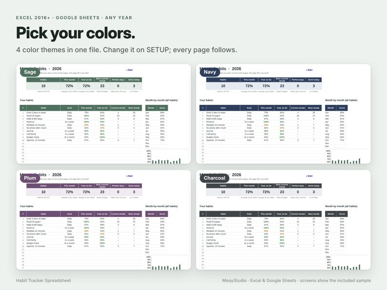 May include: A digital habit tracker spreadsheet for Excel and Google Sheets featuring four color themes: sage, navy, plum, and charcoal. The interface displays habit progress, monthly goals, and statistics with the text Pick your colors.