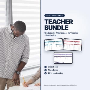 Teacher Spreadsheet Bundle, Gradebook, Attendance Tracker, IEP Goal Tracker, Reading Log (Excel & Google Sheets) image 1