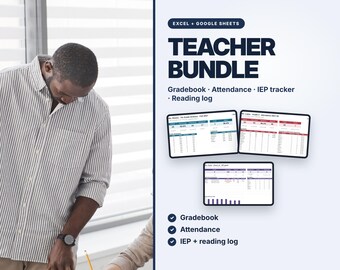 Paquete de hojas de cálculo para profesores: registro de calificaciones, control de asistencia, seguimiento de objetivos del IEP, registro de lectura (Excel y Google Sheets).