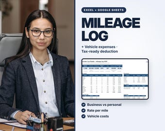 Puede incluir: Una plantilla digital de registro de kilometraje para Excel y Google Sheets que muestra una vista previa de hoja de cálculo con columnas para distancia comercial, gastos de vehículo y deducciones fiscales. Texto: Mileage Log, Vehicle expenses.