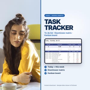 May include: A digital task tracker template for Excel and Google Sheets featuring a to-do list, Eisenhower matrix, and Kanban board. The interface displays a daily schedule with columns for time, task, area, minutes, and status in blue and white.