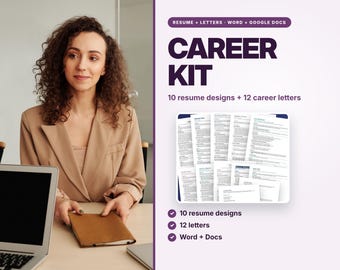 Puede incluir: Un conjunto de plantillas de kit de carrera digital con 10 diseños de currículum y 12 cartas de presentación compatibles con Word y Google Docs. El gráfico incluye el texto CAREER KIT, 10 resume designs + 12 career letters y marcas.