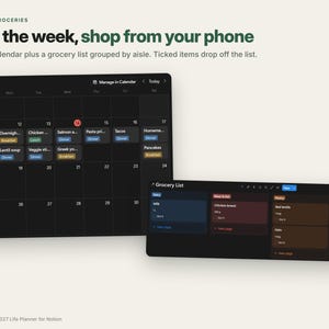 May include: A digital meal planner and grocery list interface for Notion. The display features a dark-themed October 2026 calendar with color-coded meal entries and a separate grocery list organized by aisle, titled Meals & Groceries.