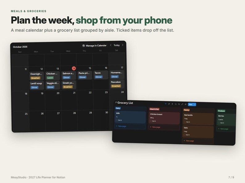 May include: A digital meal planner and grocery list interface for Notion. The display features a dark-themed October 2026 calendar with color-coded meal entries and a separate grocery list organized by aisle, titled Meals & Groceries.
