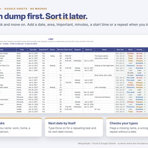 May include: A digital task tracker spreadsheet template for Excel and Google Sheets. The interface features a main table with columns for tasks, areas, dates, and status, with the header text Brain dump first. Sort it later.