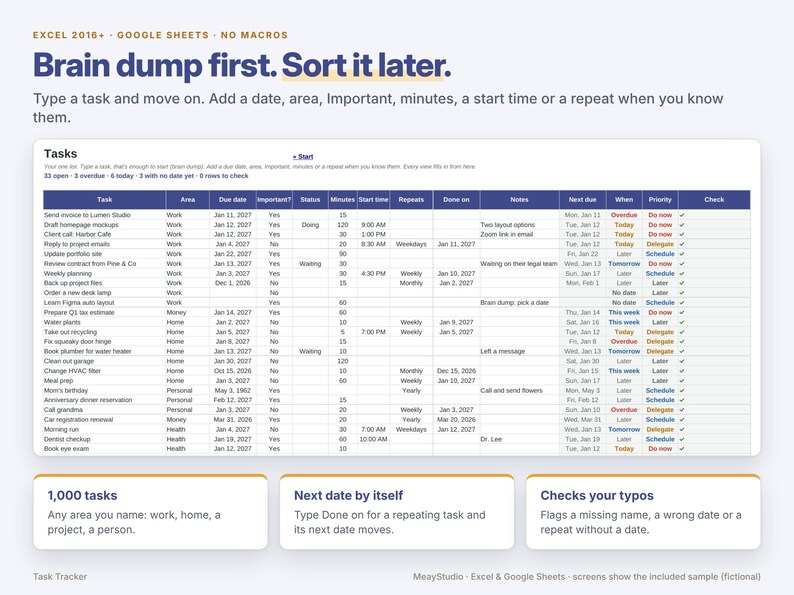 May include: A digital task tracker spreadsheet template for Excel and Google Sheets. The interface features a main table with columns for tasks, areas, dates, and status, with the header text Brain dump first. Sort it later.