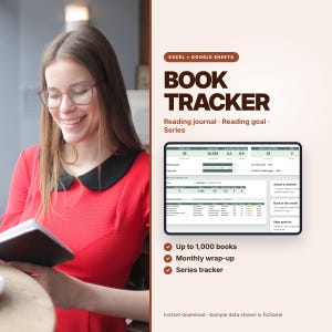 May include: A digital book tracker template for Excel and Google Sheets displayed on a tablet screen. The interface shows reading statistics, a monthly wrap-up, and a list of books with ratings. Text includes Book Tracker, Reading journal, Reading goal, Series, and Up to 1,000 books.