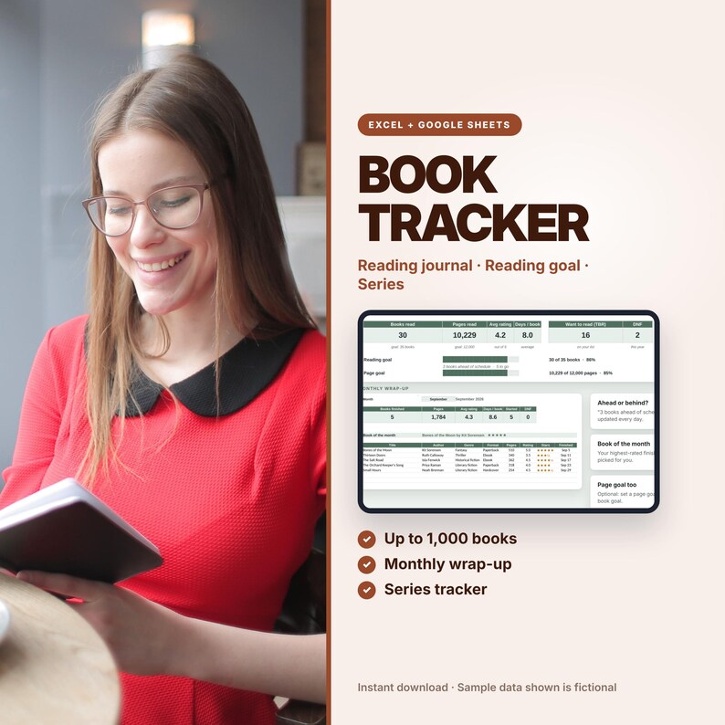 May include: A digital book tracker template for Excel and Google Sheets displayed on a tablet screen. The interface shows reading statistics, a monthly wrap-up, and a list of books with ratings. Text includes Book Tracker, Reading journal, Reading goal, Series, and Up to 1,000 books.