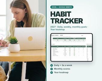 2027 Habit Tracker Spreadsheet, Daily, Weekly, Monthly Goals, Year Heatmap (Excel & Google Sheets)
