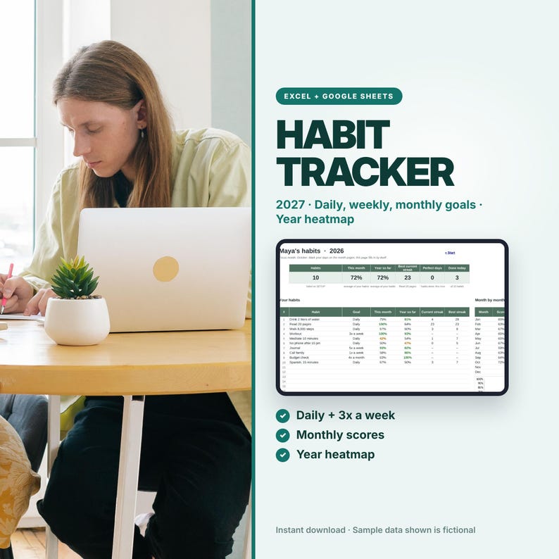 2027 Habit Tracker Spreadsheet, Daily, Weekly, Monthly Goals, Year Heatmap (Excel & Google Sheets) image 1