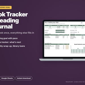 May include: A digital book tracker and reading journal template displayed on a laptop screen. The interface features reading goals, series trackers, library loans, and monthly wrap-up charts. Text includes 2027 READING GOAL, Book Tracker & Reading Journal, and Mia's reading year 2026.